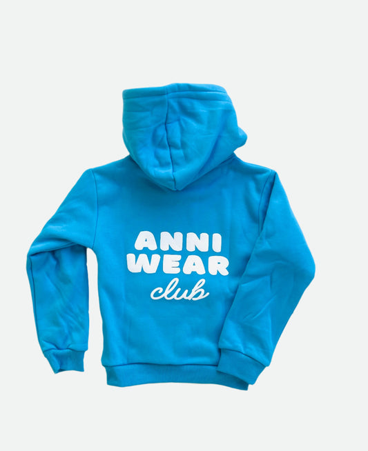 Blue hoodie with 'ANNI WEAR club' text on a white background