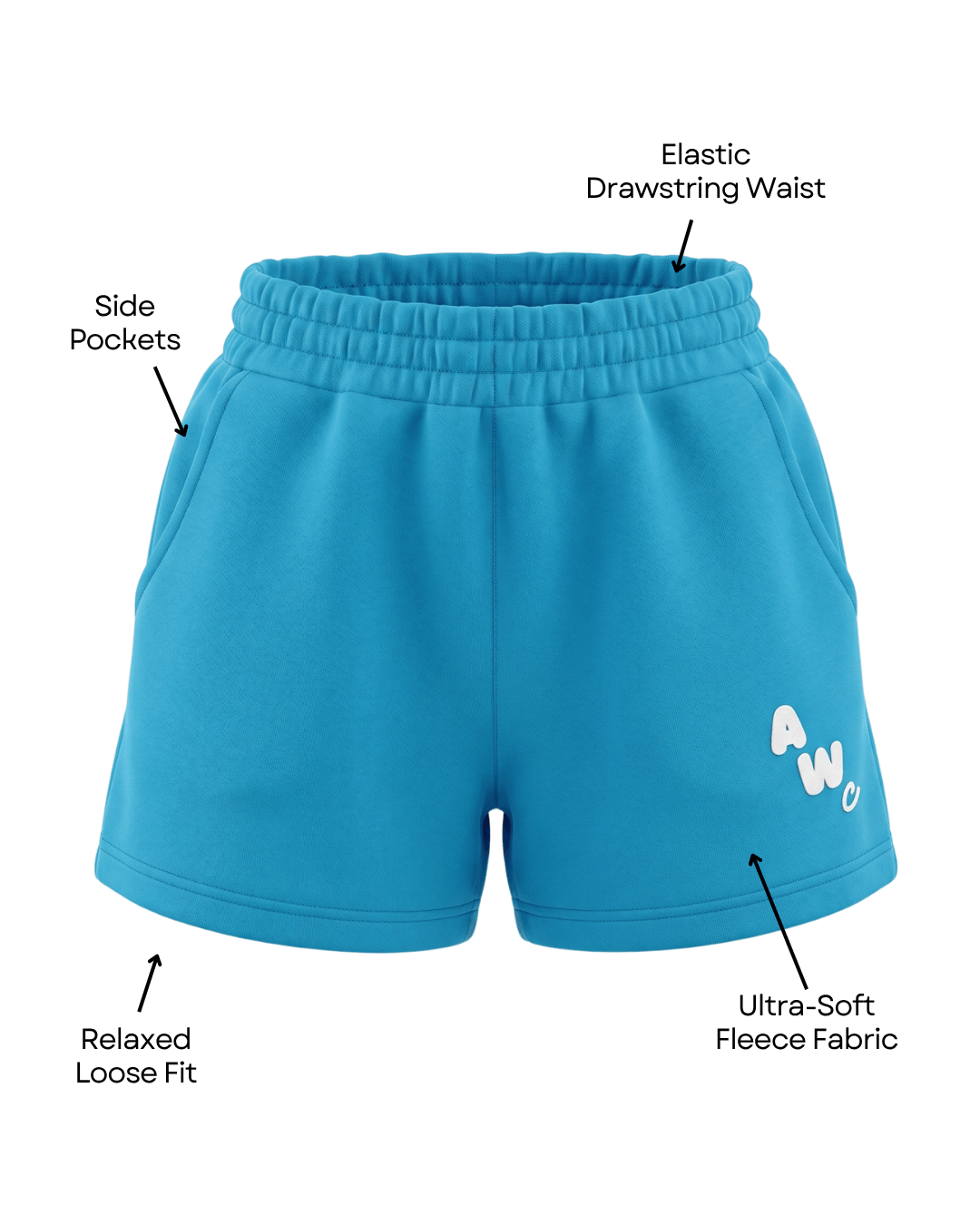 Blue sweat shorts with a logo on a plain background