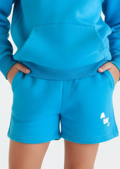 Blue tracksuit shorts on a white background