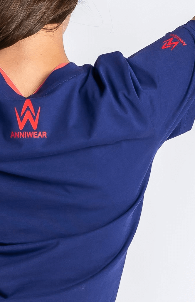 Blue athletic shirt with red logo on a white background