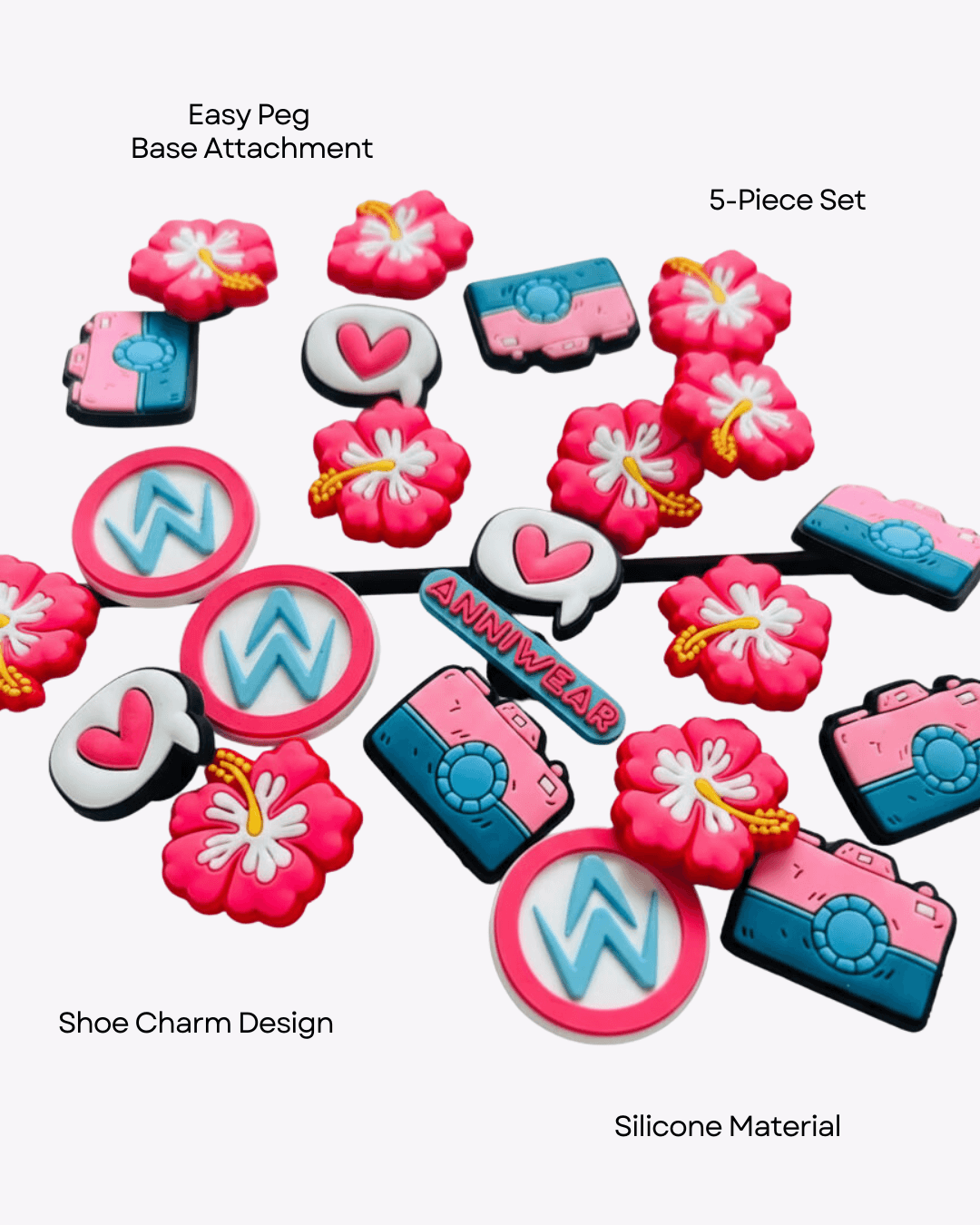 Set of colorful shoe charms with various designs on a white background