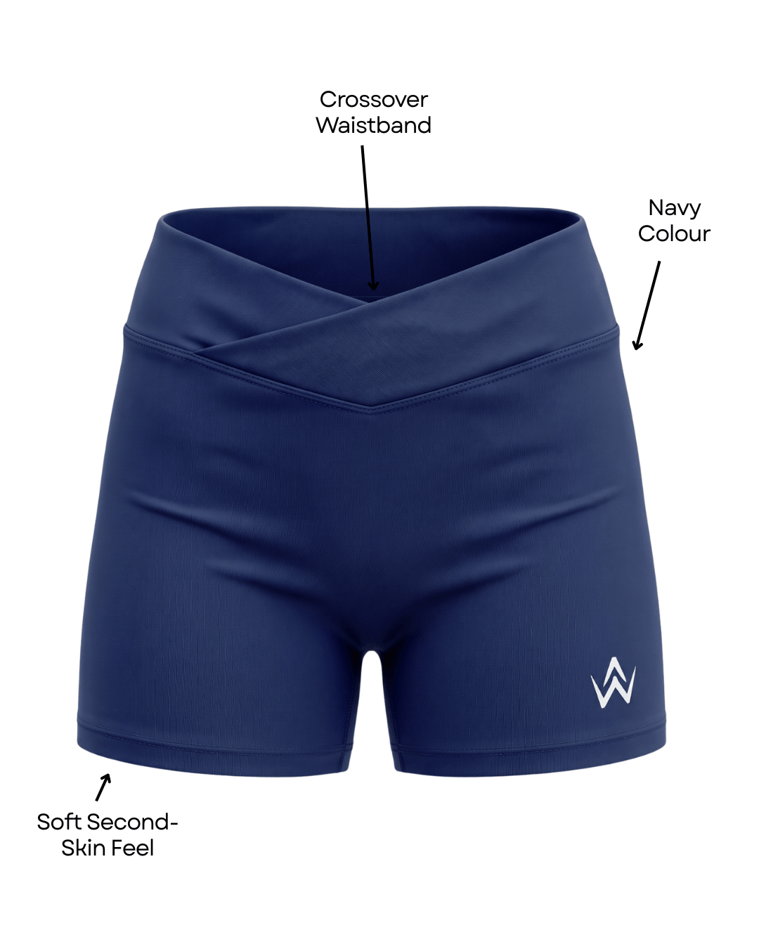 Navy blue athletic shorts with call out feature text on a plain background