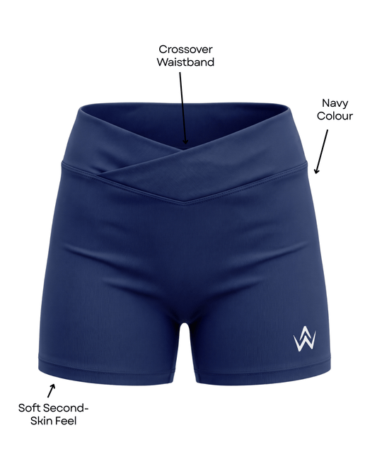 Navy blue athletic shorts with call out feature text on a plain background