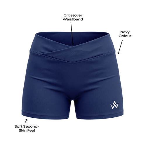 Navy blue athletic shorts with call out feature text on a plain background