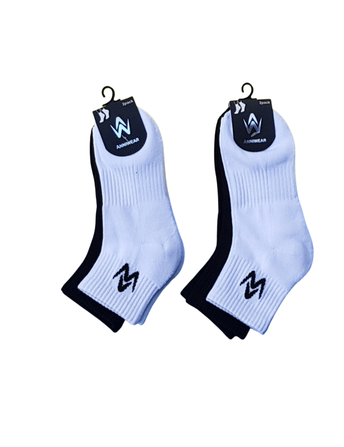 White and black ankle socks with contrast logo on a white background