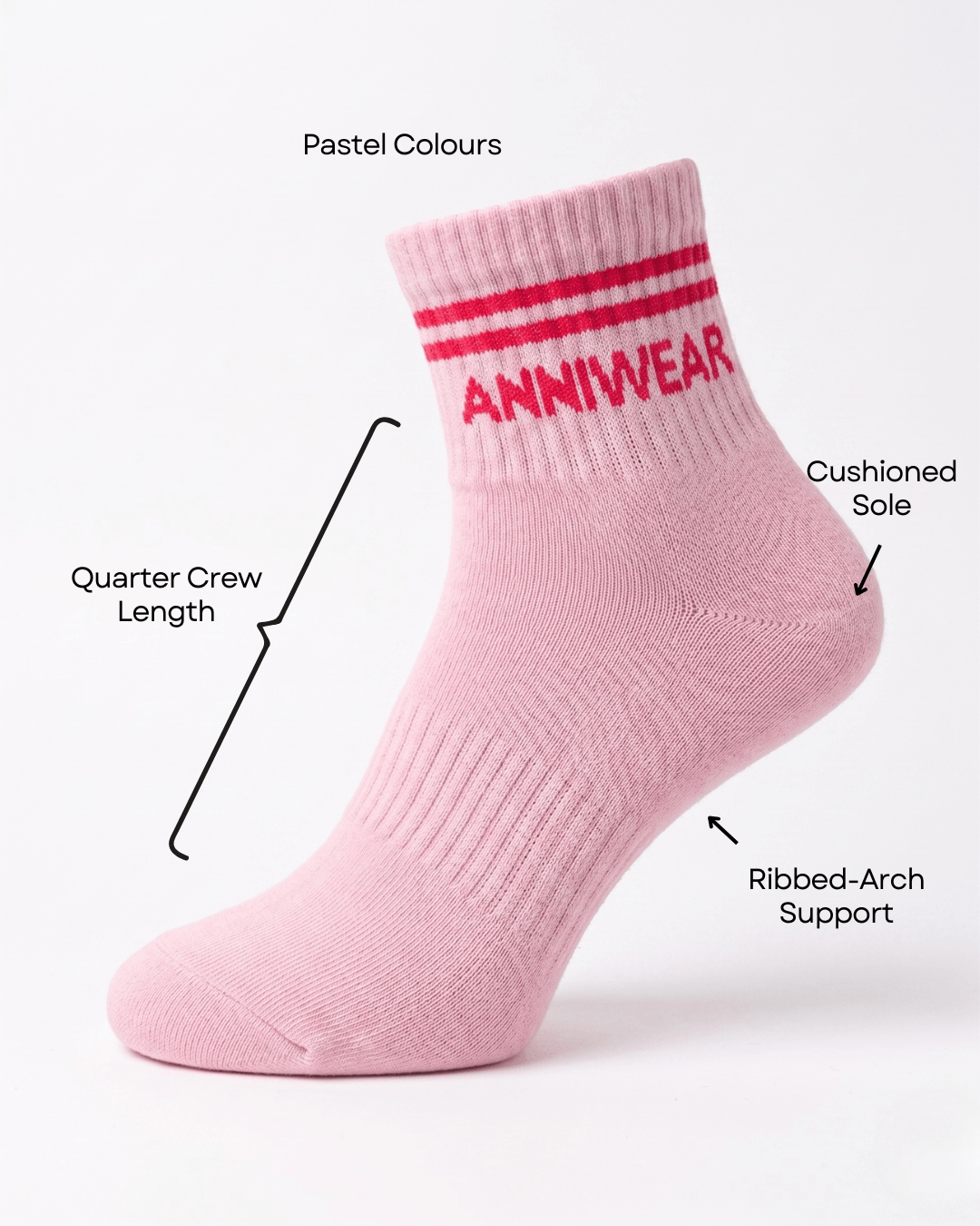 Pink sock with red stripe labeled 'ANNIWEAR' on a white background
