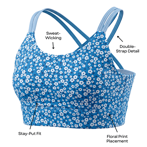 Blue floral sports bra with features labeled on a white background