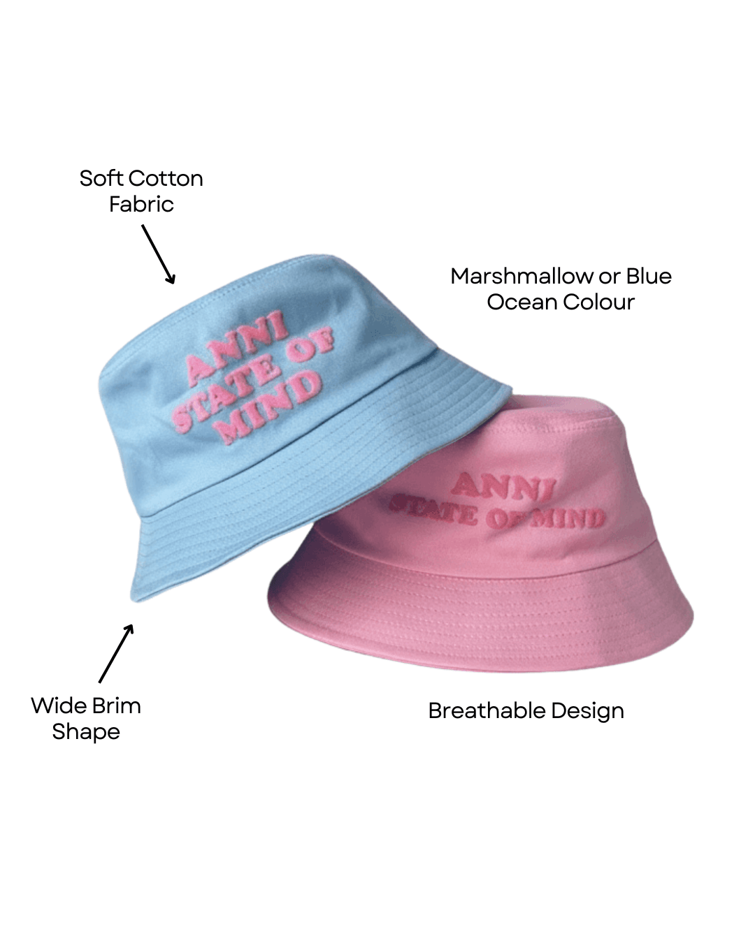 Two bucket hats, one blue and one pink, with text on a white background.