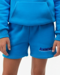 Blue hoodie and shorts with 'ANNIWEAR' branding on a white background