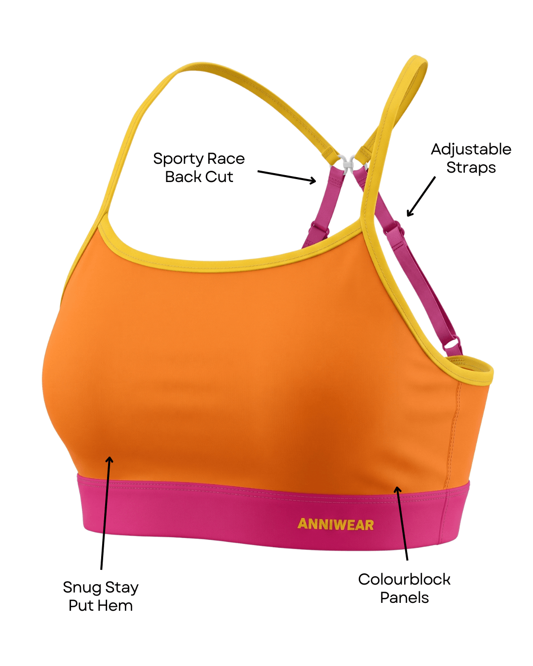 Orange sports bra with pink accents and yellow straps, labeled features on a white background