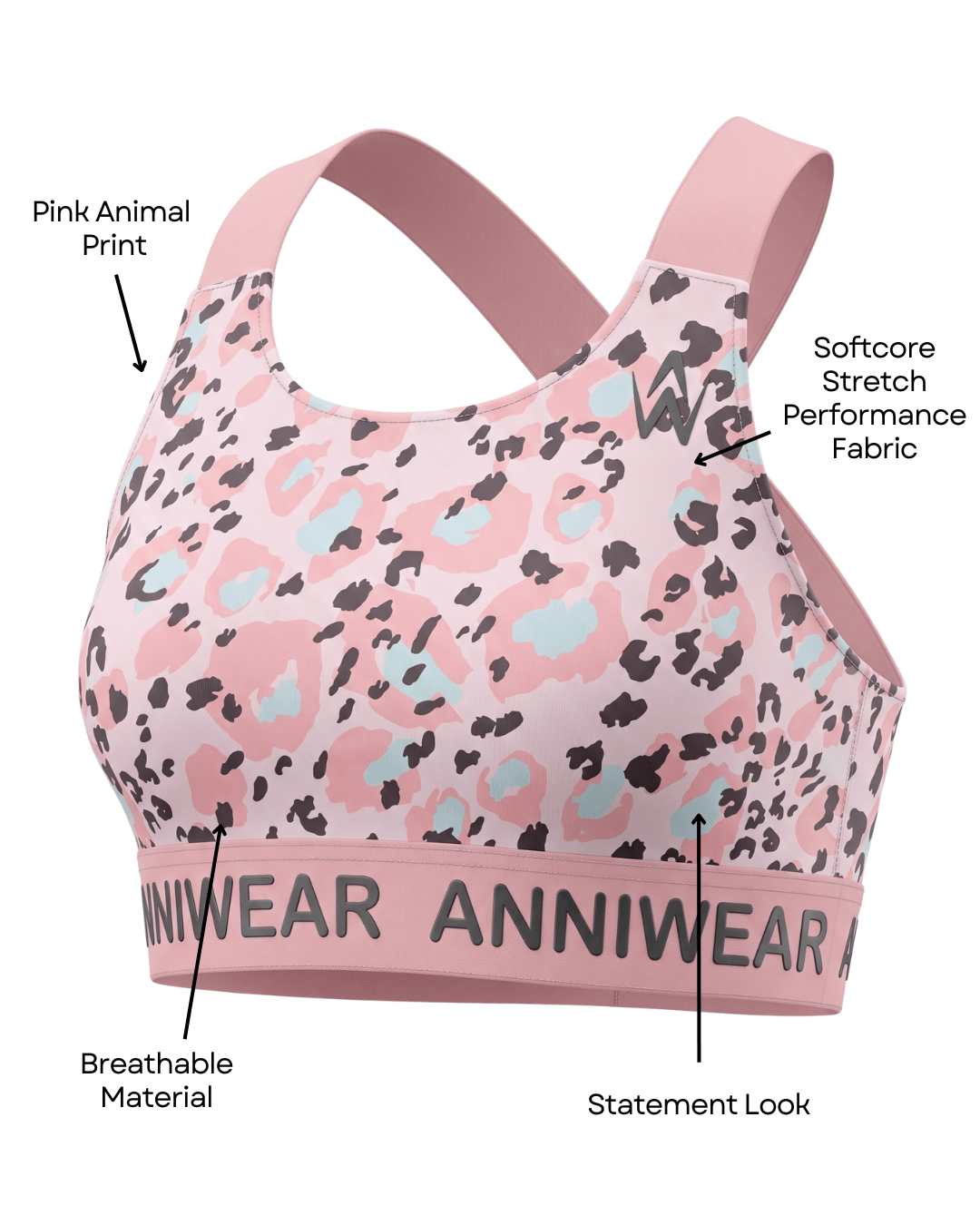 Pink animal print sports bra with text highlighting features on a white background