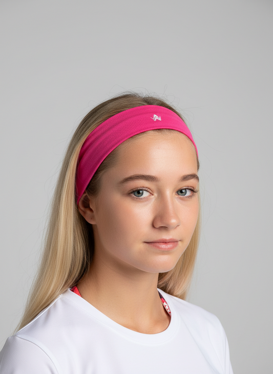 Person wearing a bright pink headband against a gray background