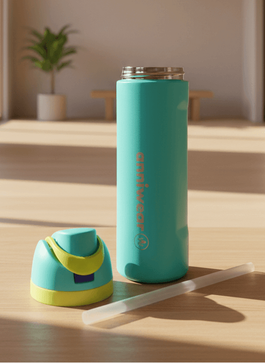 Turquoise insulated bottle with a yellow cap and straw on a wooden surface.