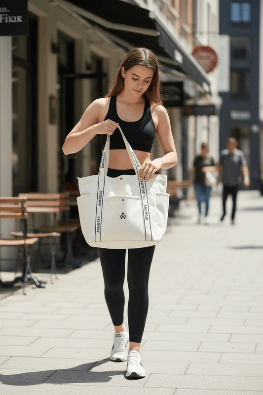 Woman in athletic wear holding a white canvas tote bag on a city street.