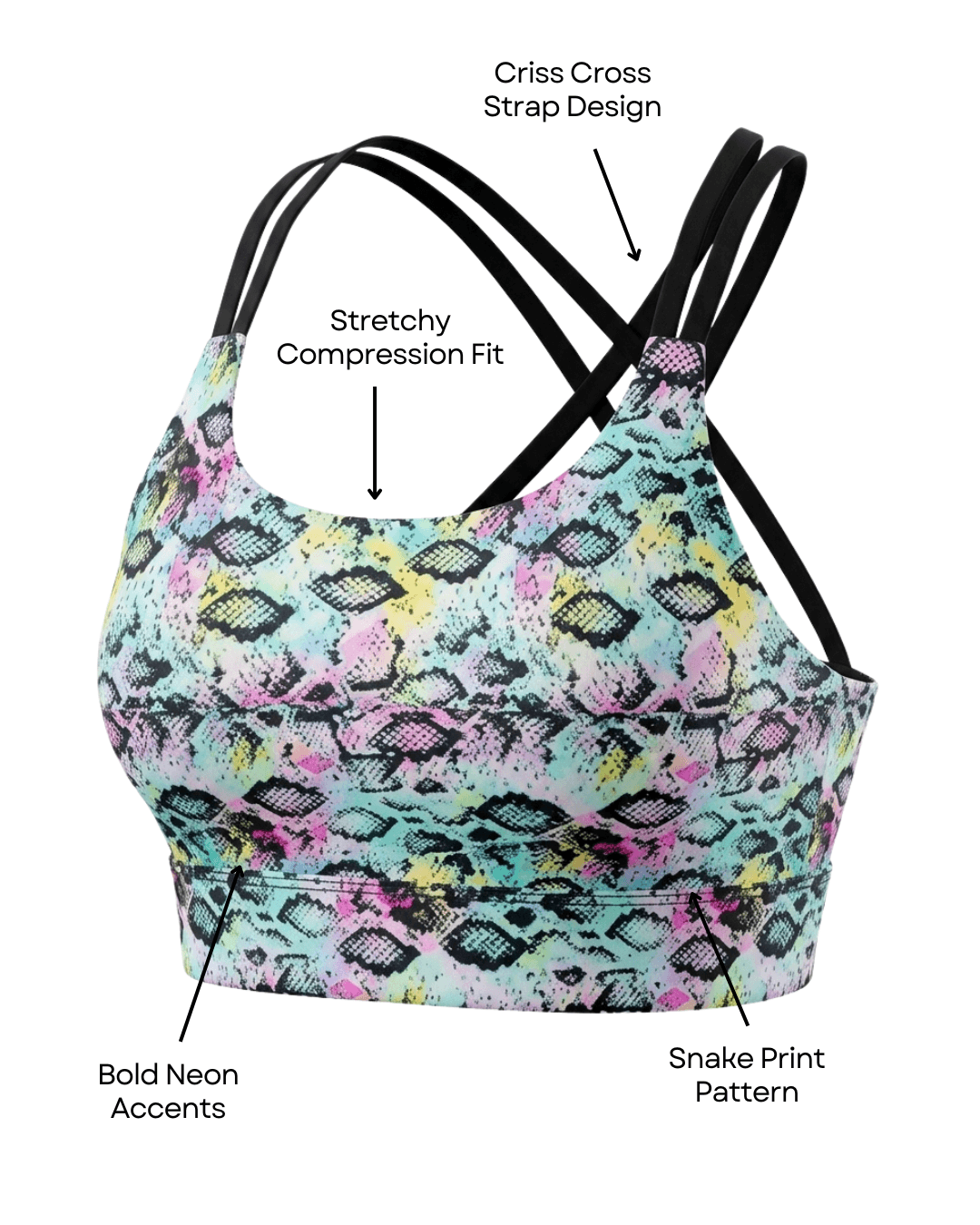 Multicolored snake print sports bra with criss-cross straps on a white background
