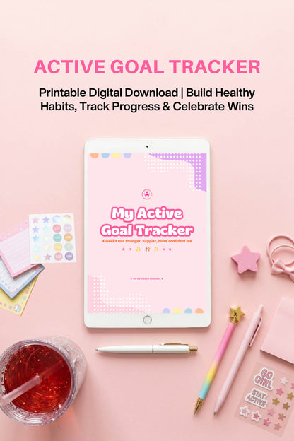 Active Goal Tracker digital download on a pink background with stationery items.