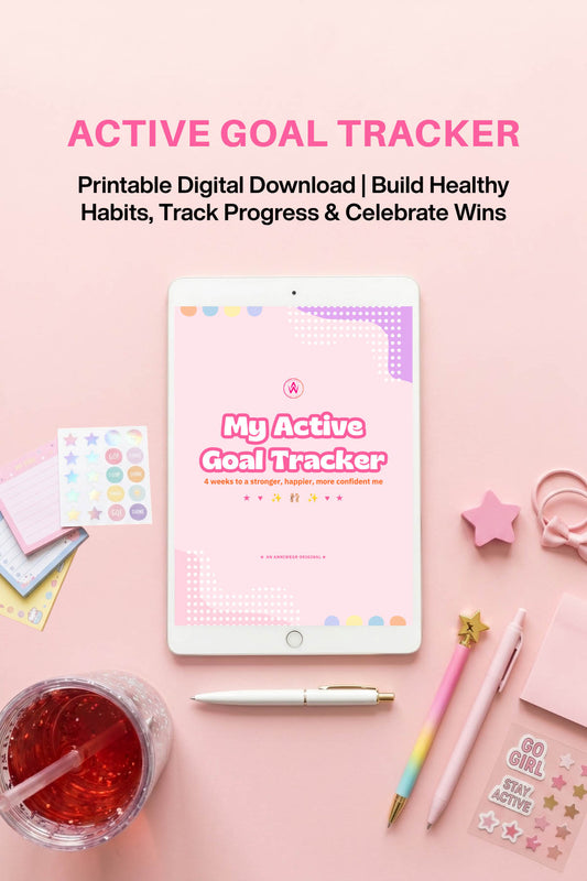 Active Goal Tracker digital download on a pink background with stationery items.