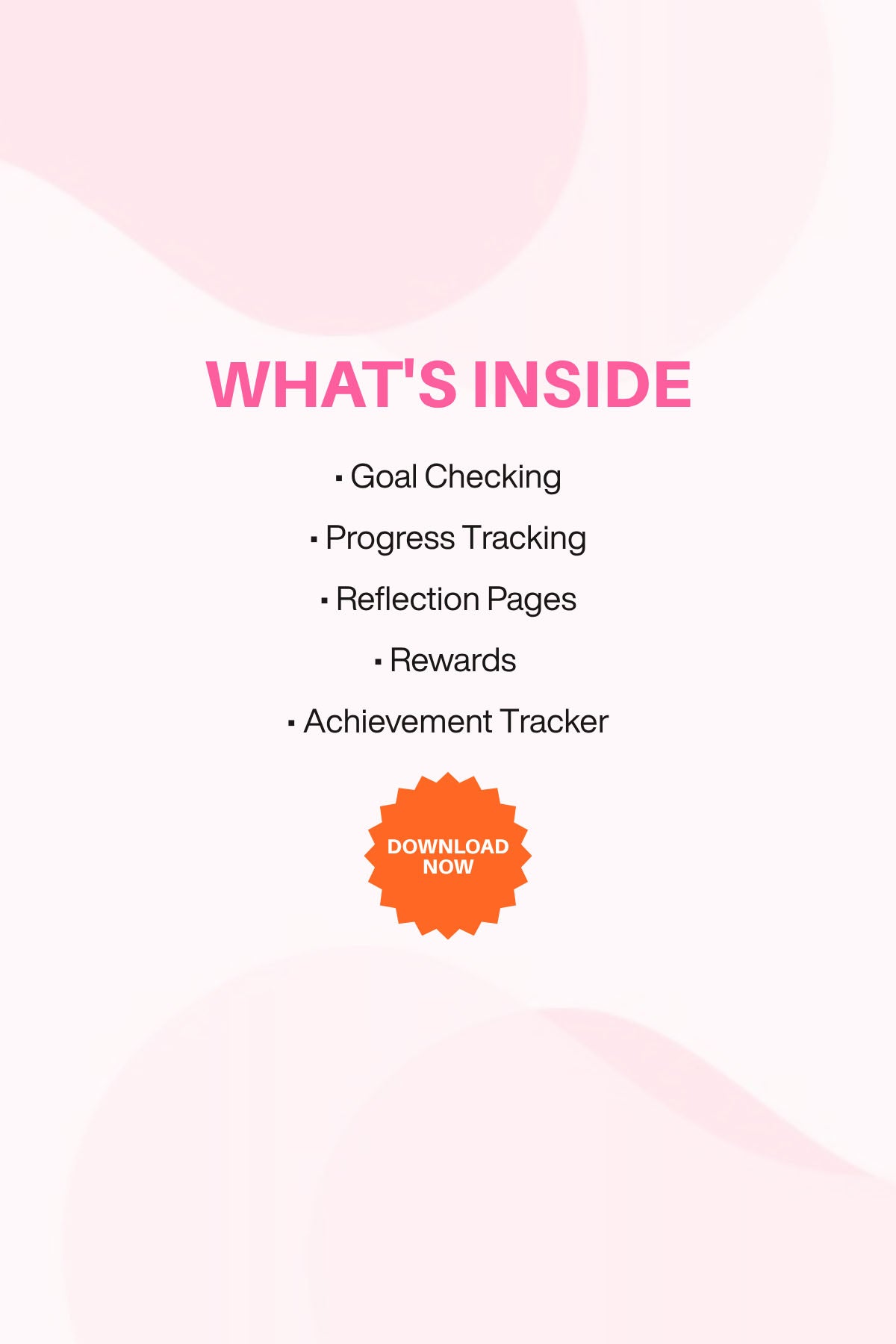 Promotional graphic for a productivity app with features listed and a 'Download Now' button on a light pink background.