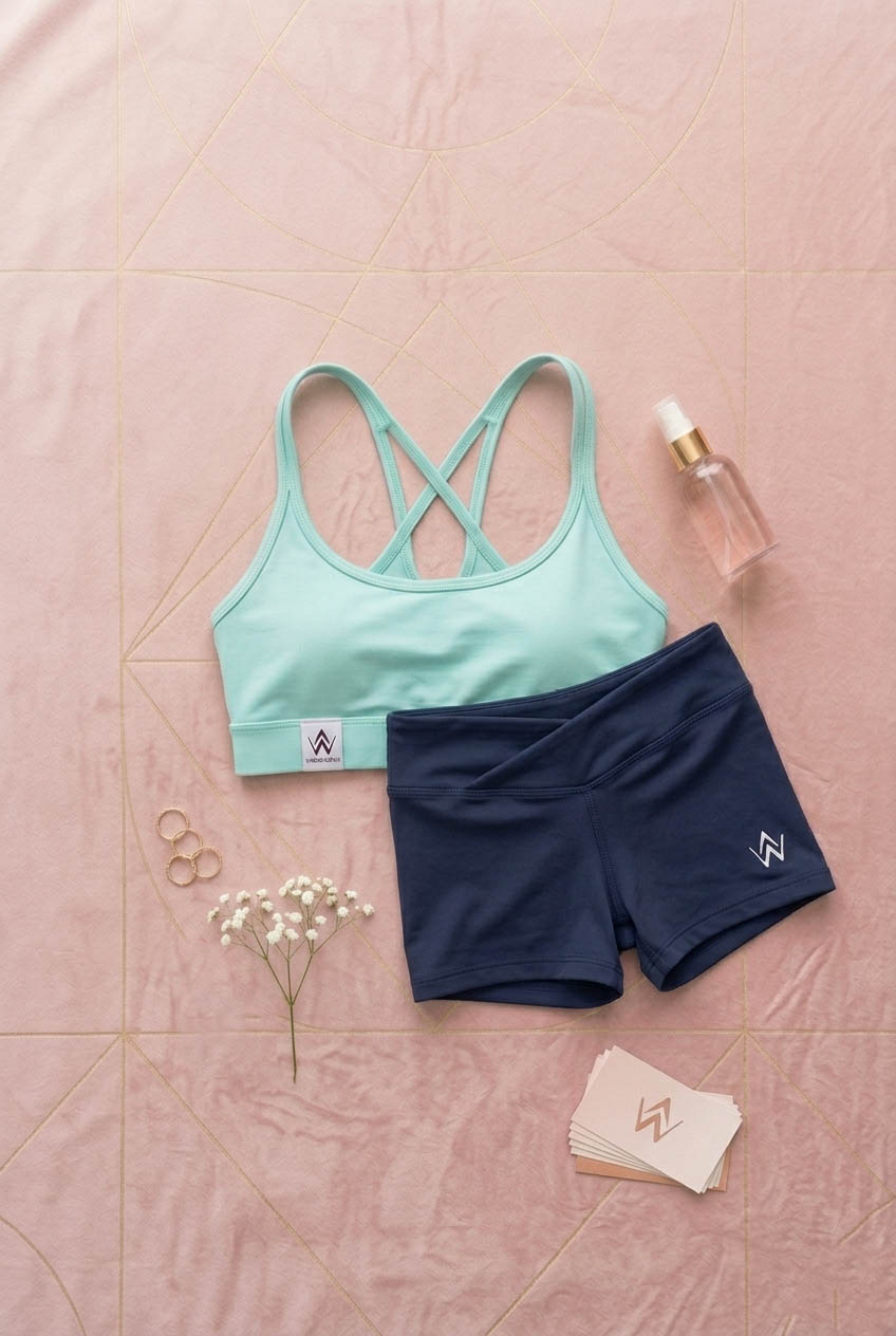 Aquaria green sports bra and navy shorts on a pink textured surface with a small plant and bottle.