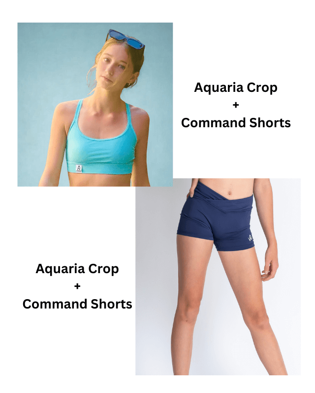 Girl wearing an Aqua sports bra and navy shorts with 'Aquaria' branding.