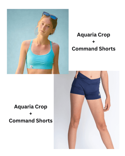 Girl wearing an Aqua sports bra and navy shorts with 'Aquaria' branding.