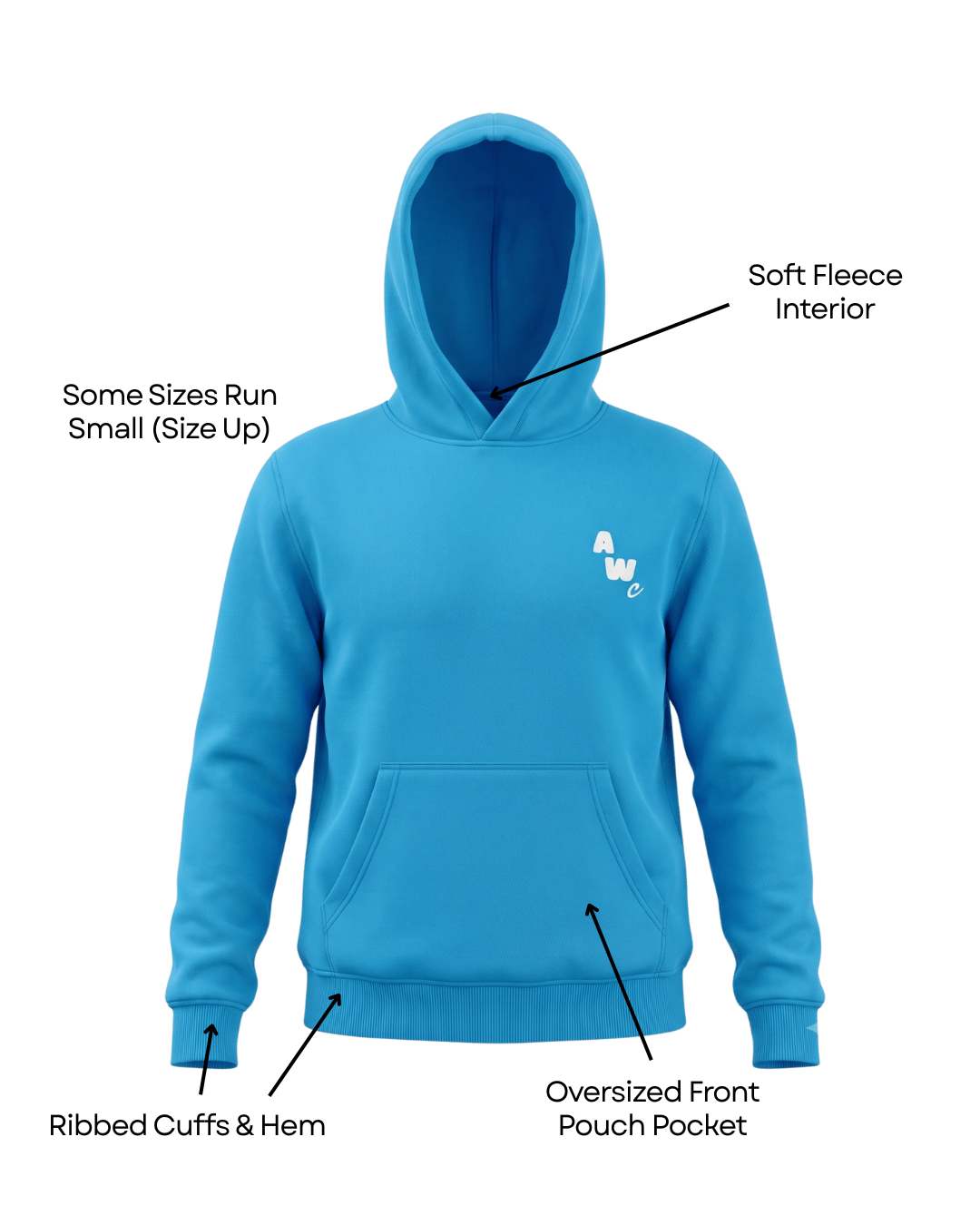 Blue hoodie with a logo on a plain background