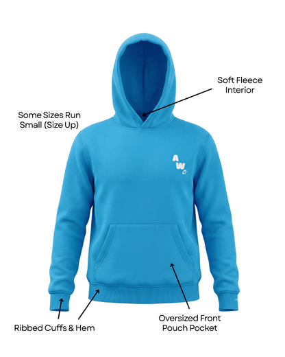 Blue hoodie with a logo on a plain background