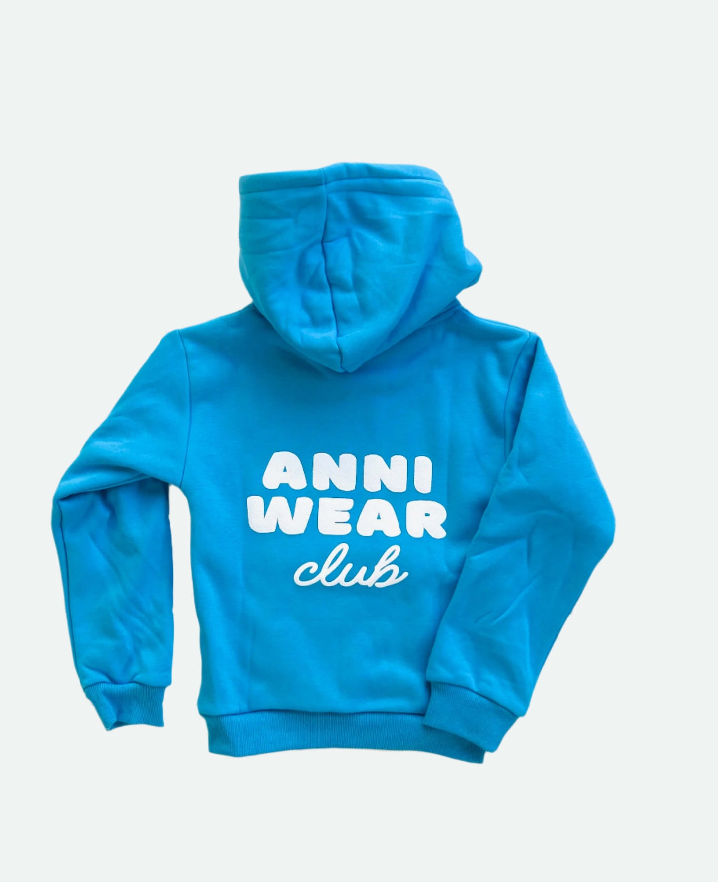 Blue hoodie with 'ANNI WEAR club' text on a white background