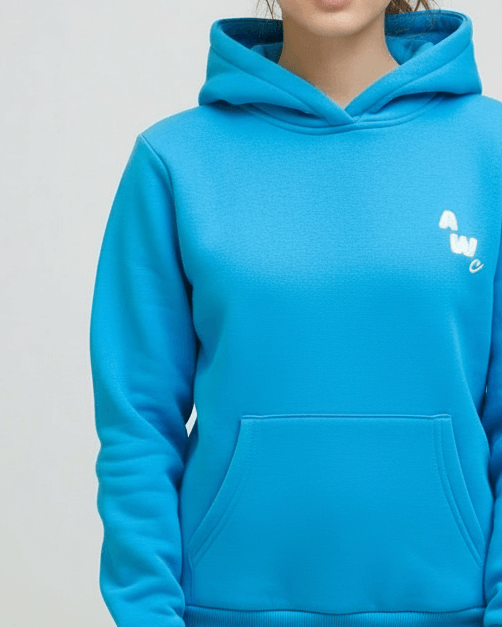 Blue hoodie with a logo on a plain background