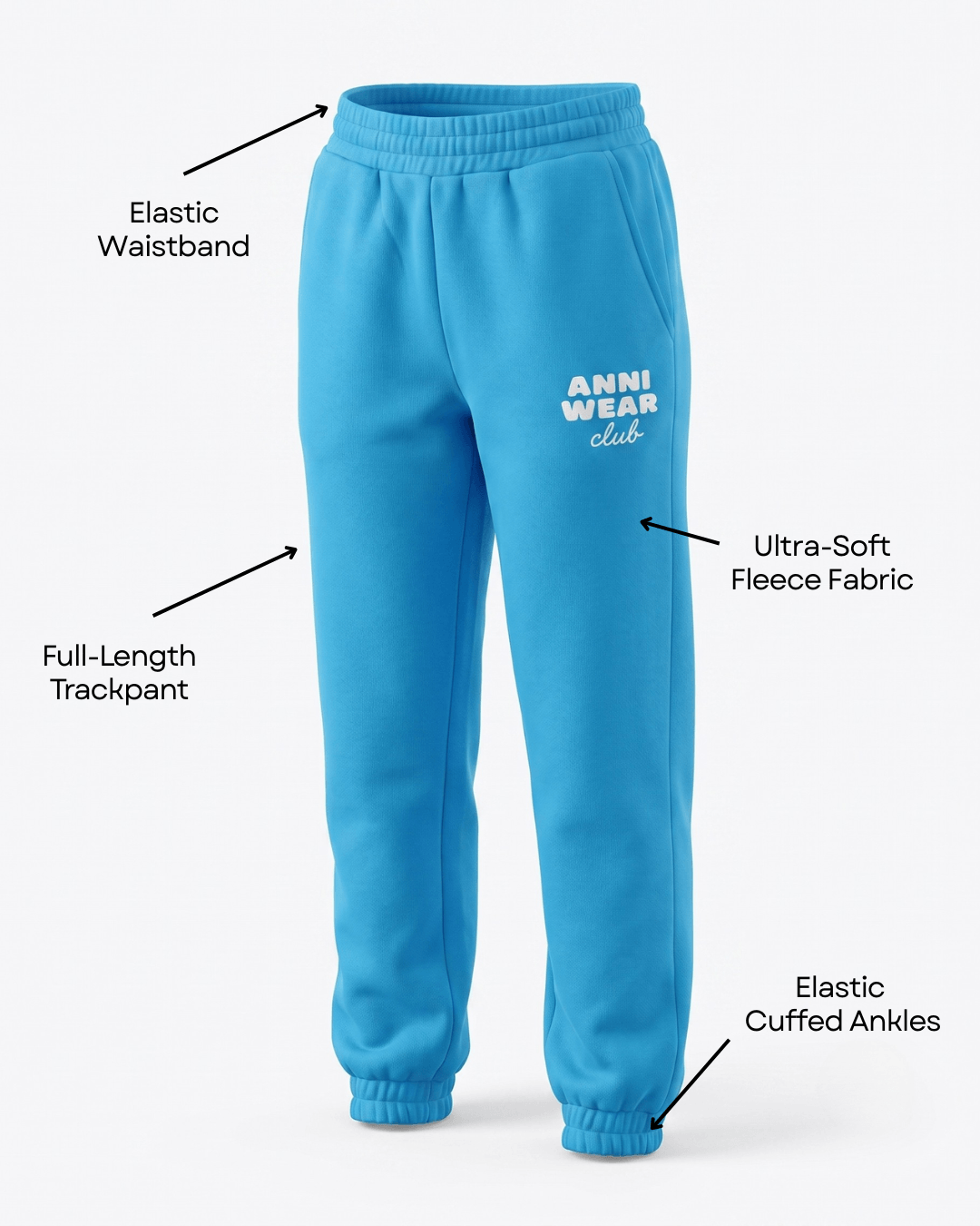 Blue fleece sweatpants with white 'ANNI WEAR club' text on the left thigh, shown on a light gray background with callout labels pointing to the waistband, trackpants, ankle cuffs, and fabric.