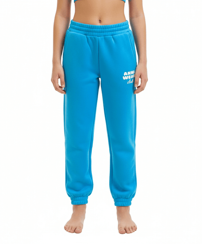 Blue sweatpants with a brand logo on a white background