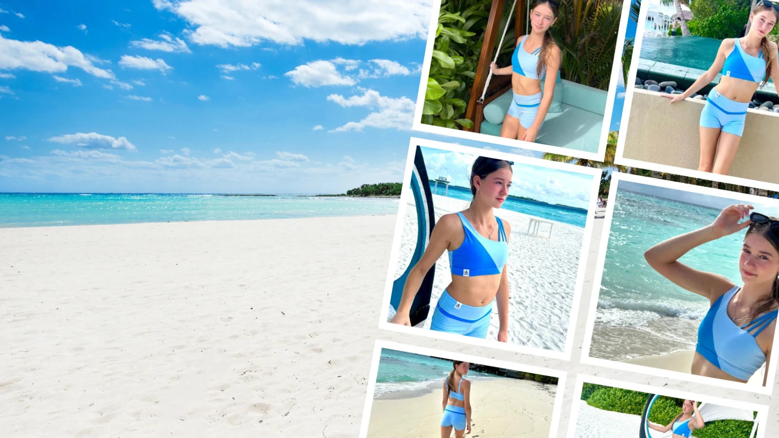 Collage of a girl in blue Anniwear Cali Two Piece Set sportswear at Maldives beach and at a poolside.
