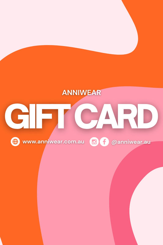 gift card layout with Anniwear gift card and wavy strokes of orange and pink hues.