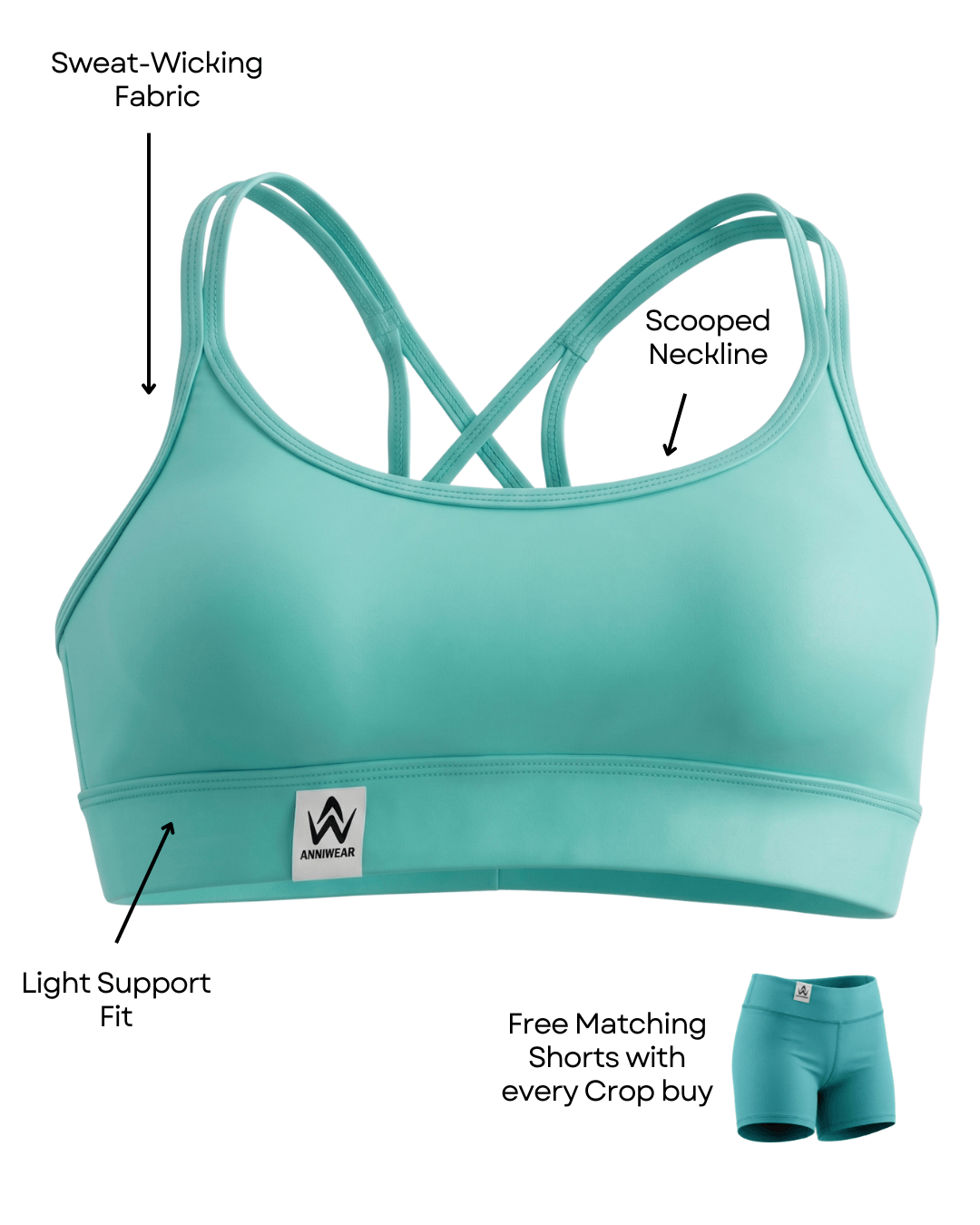 Teal sports bra with features labeled on a white background