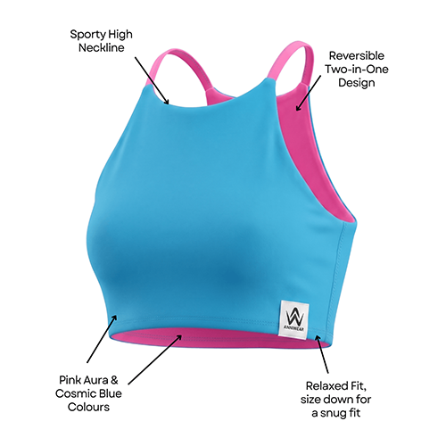 Blue and pink sports bra with brand logo on a white background