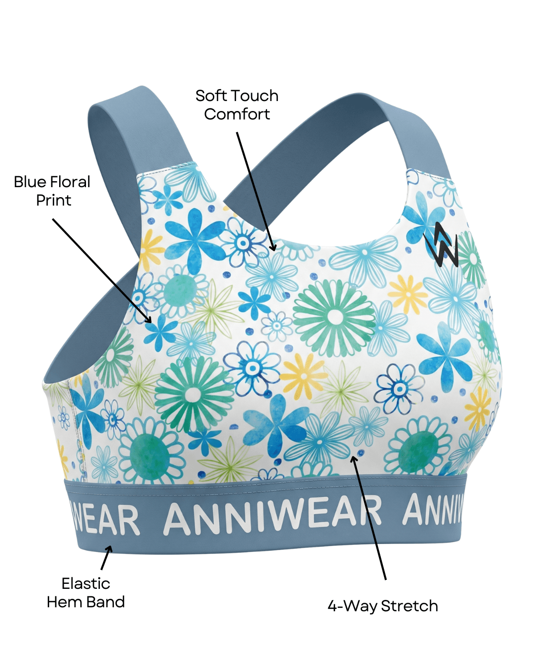 Floral sports bra with text highlighting features on a white background