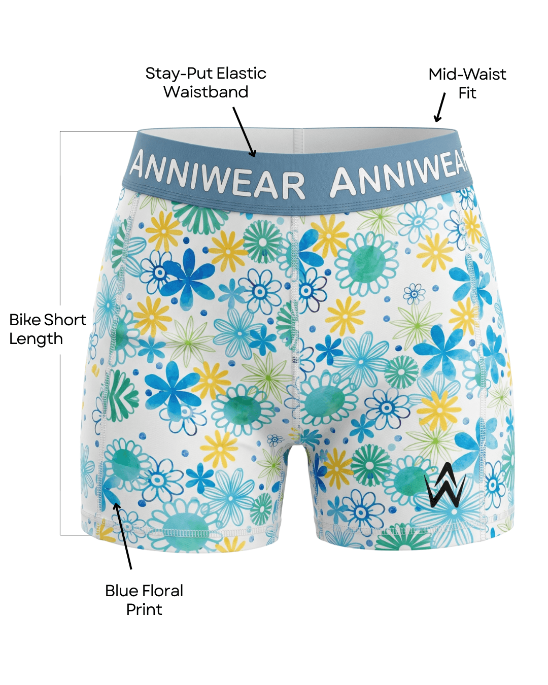 Floral sports shorts with text highlighting features on a white background