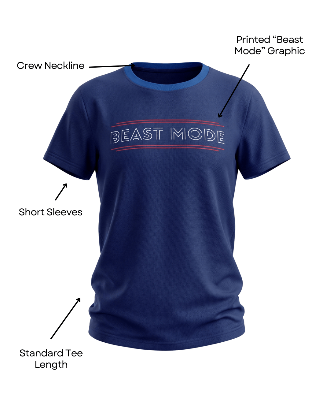 Blue 'Beast Mode' t-shirt with visible branding on a white background with features 
