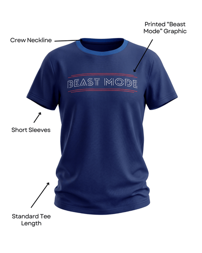 Blue 'Beast Mode' t-shirt with visible branding on a white background with features 