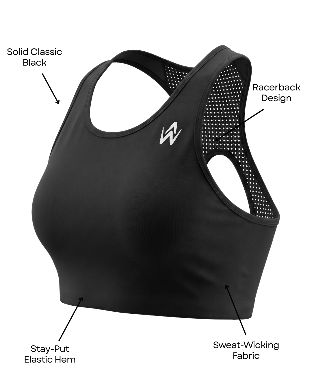 Black sports bra with white logo branding and text features