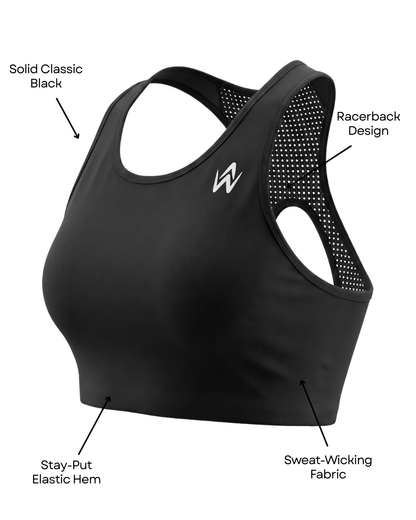 Black sports bra with white logo branding and text features