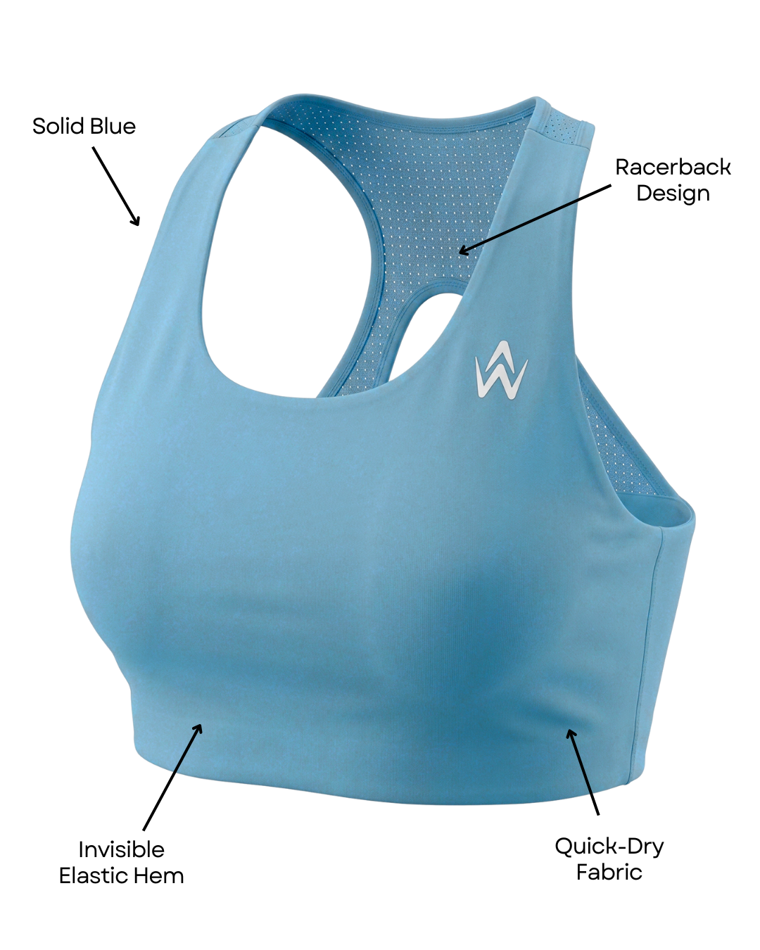 Blue sports bra with brand logo on a white background