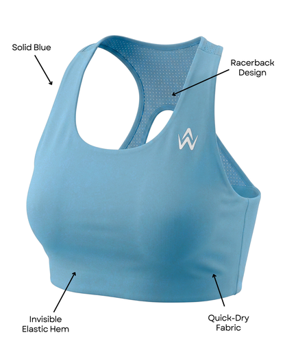 Blue sports bra with brand logo on a white background