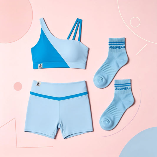 Light blue sports bra, shorts, and socks with 'ANNIWEAR' branding on a pink background