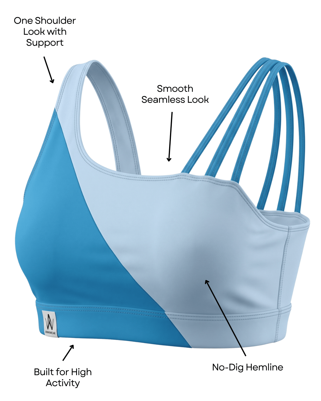 Blue and light blue sports bra with text highlighting features on a white background