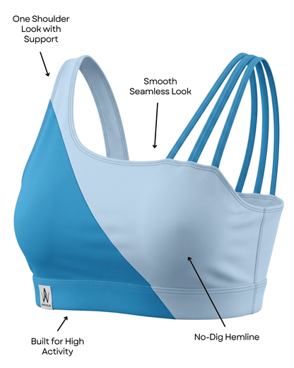 Blue and light blue sports bra with text highlighting features on a white background