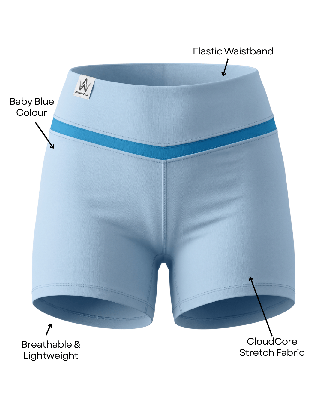 Light blue athletic shorts with a visible waistband on a plain background