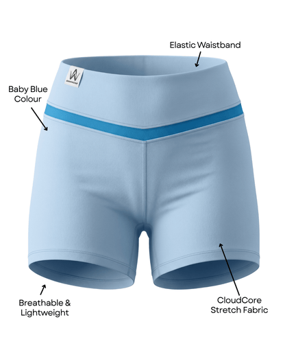 Light blue athletic shorts with a visible waistband on a plain background