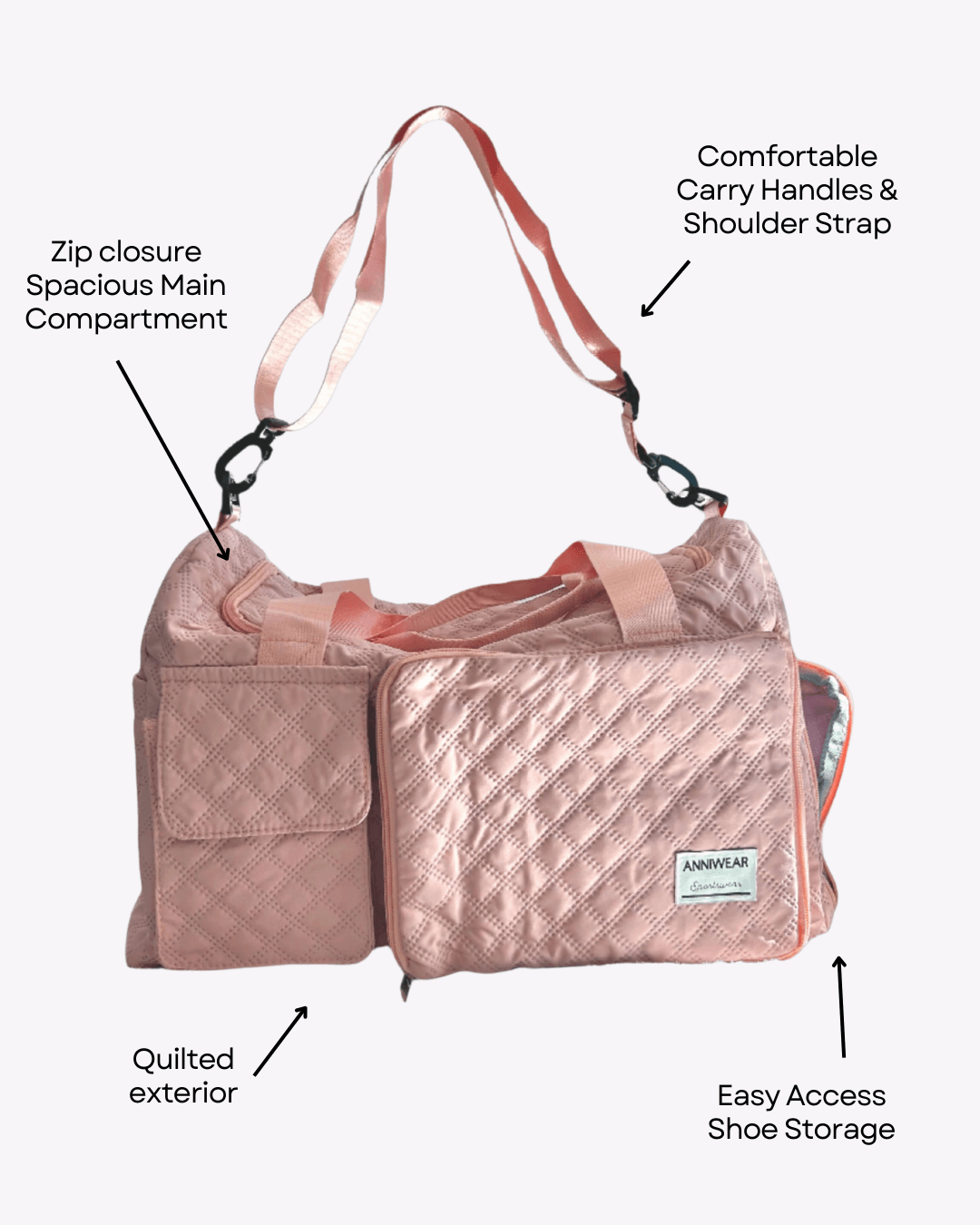 Rose gold handbag with features highlighted on a white background