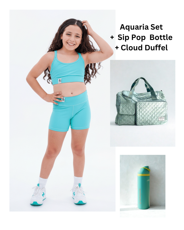 Girl in teal athletic set with Aquaria Set, Sip Pop Bottle, and Cloud Duffel displayed.